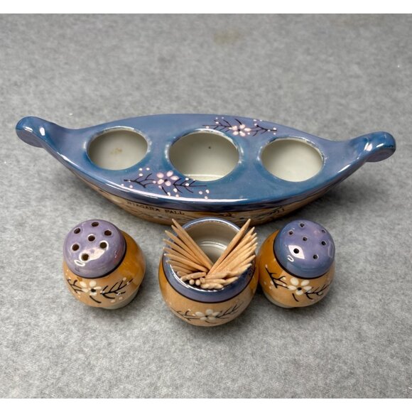 Niagara Falls Lusterware Salt & Pepper Shaker Boat Set with Toothpick Holder - Picture 4 of 11